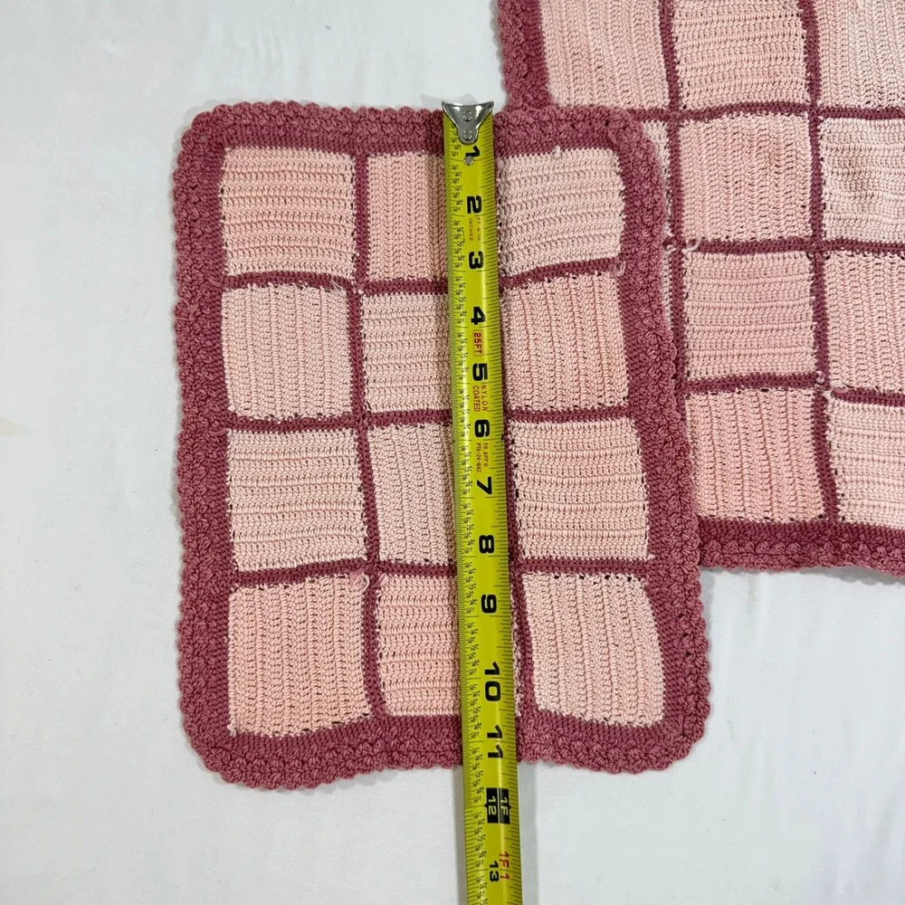 Handmade Crochet Placemats X2 Pink Mauve Checkered Scalloped Cotton Vintage